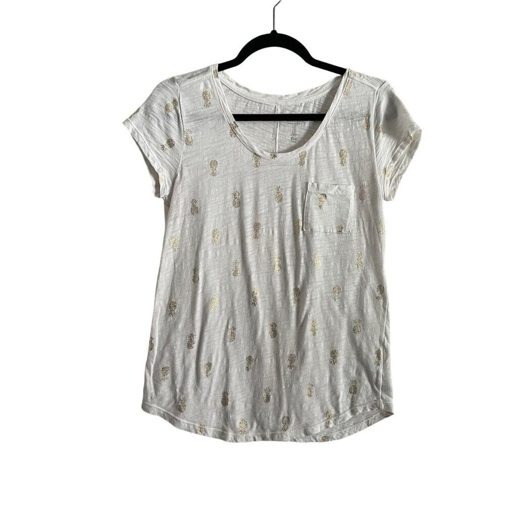 Gap Women SZ S White W/Gold Pineapple Short Cap Sleeve Casual Tee Shirt